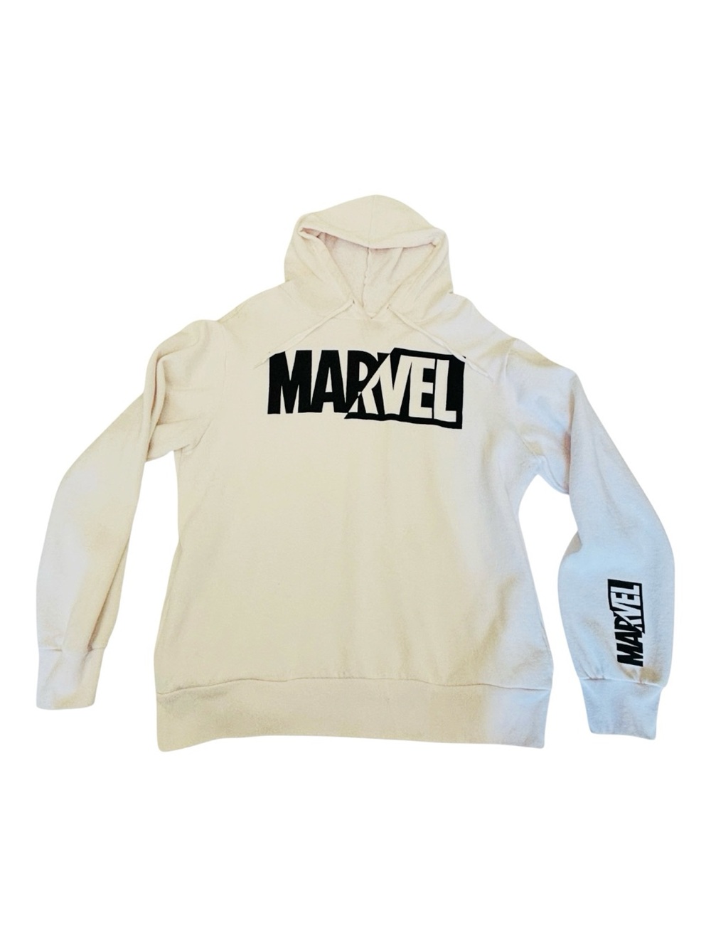 MARVEL SWEATER logo Pullover Hoodie SZ Large White Black Long Sleeve Comics Warm